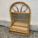 Vintage rattan wall shelf with mirror