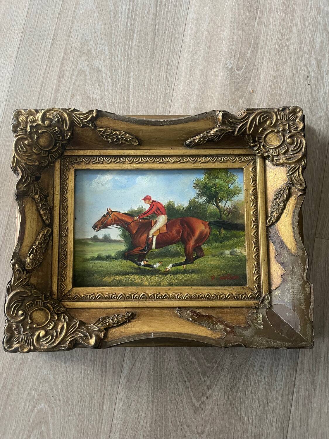 Old table from the 19th century - Horse racing - Oil on panel - Signed R. W.