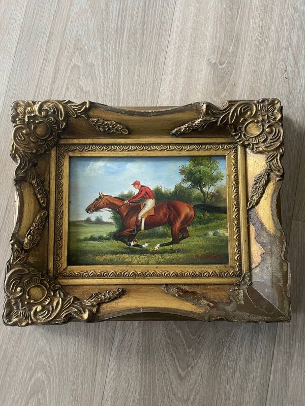Tableau ancien XIXe - Course hippique - Huile sur panneau - Signé R. W