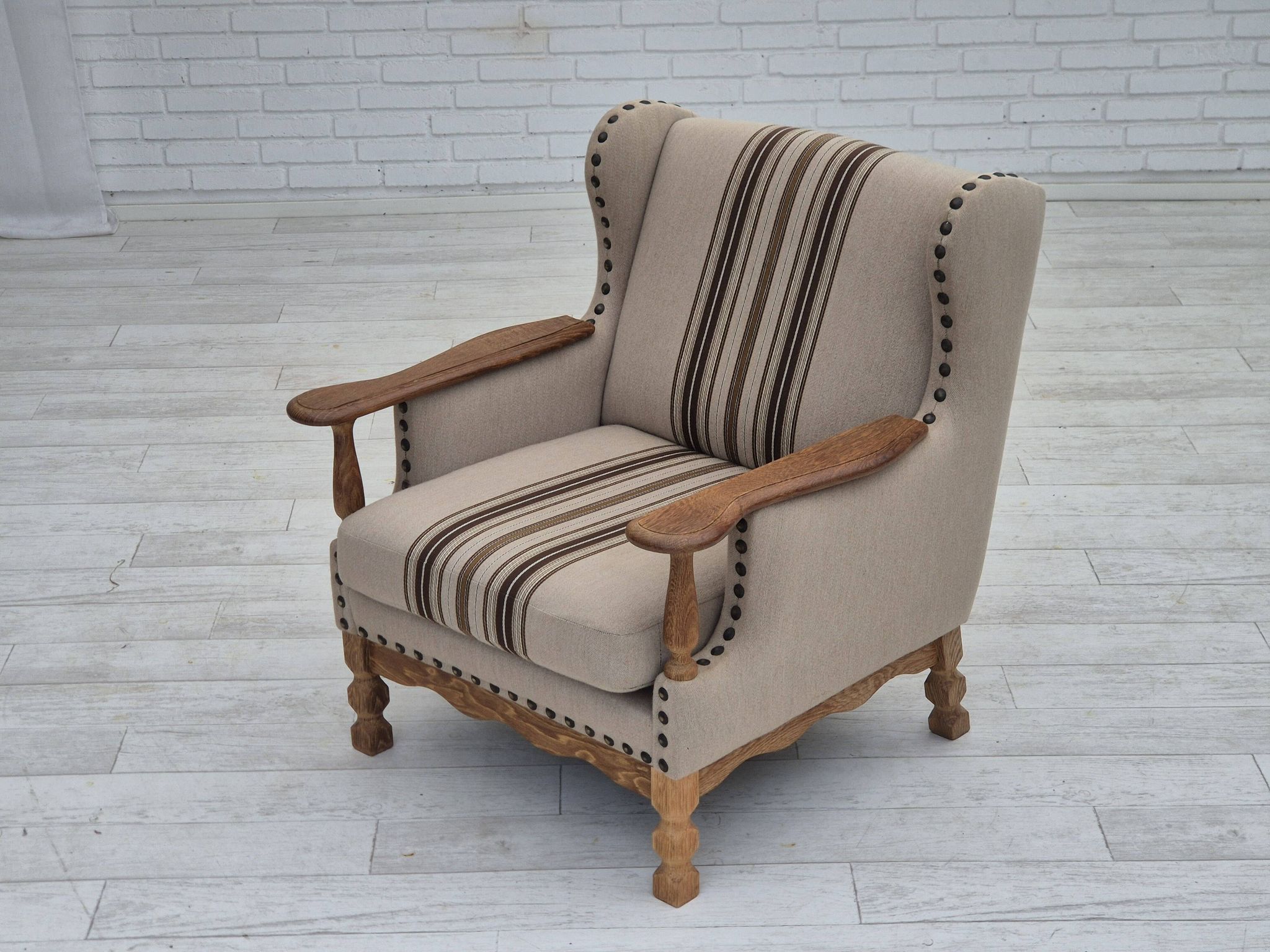 1970s, Danish armchair, furniture wool fabric, oak wood, original condition