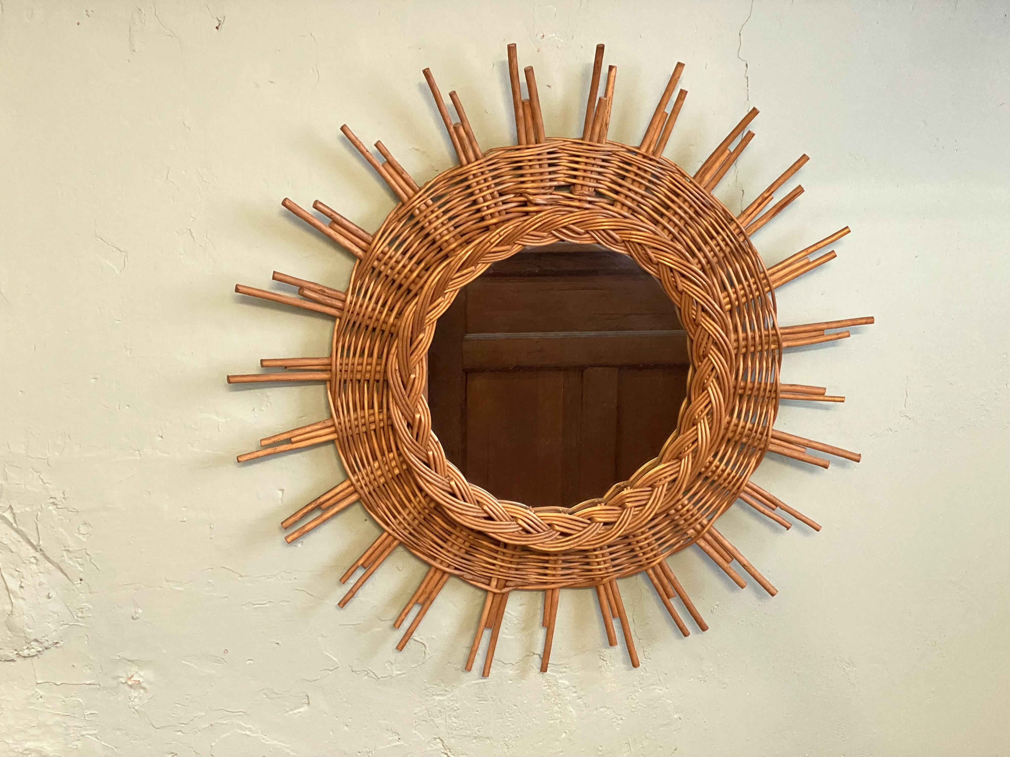 Large vintage mirror in rattan 60s bamboo wicker