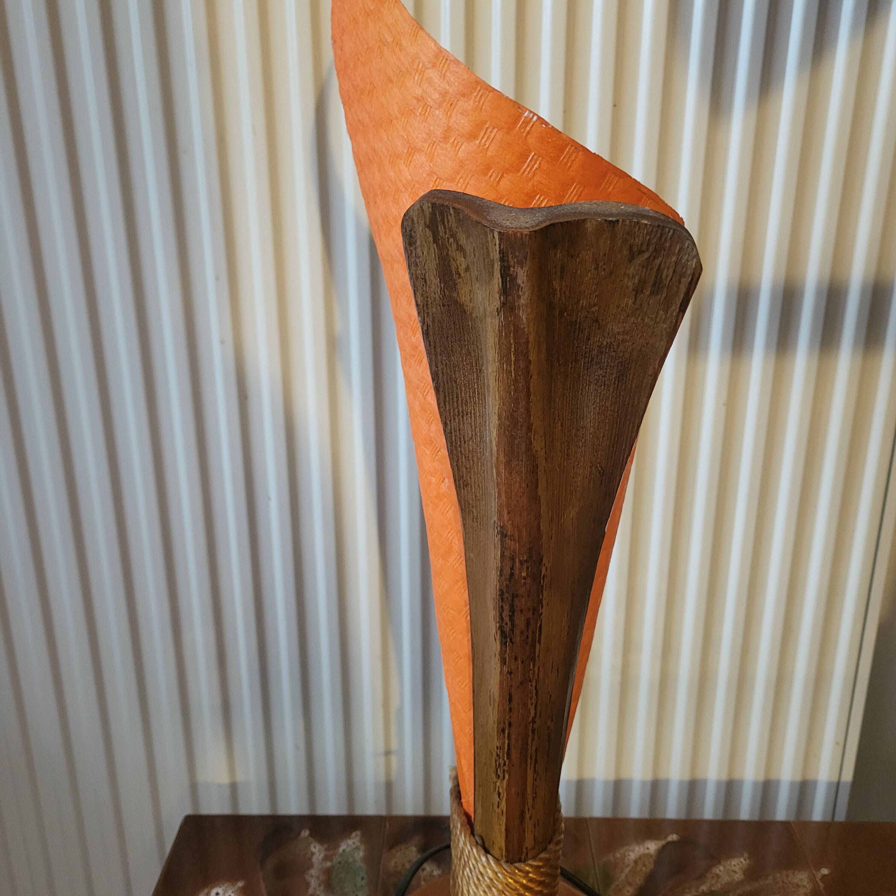 Vintage flame table lamp in palm wood, 1980s