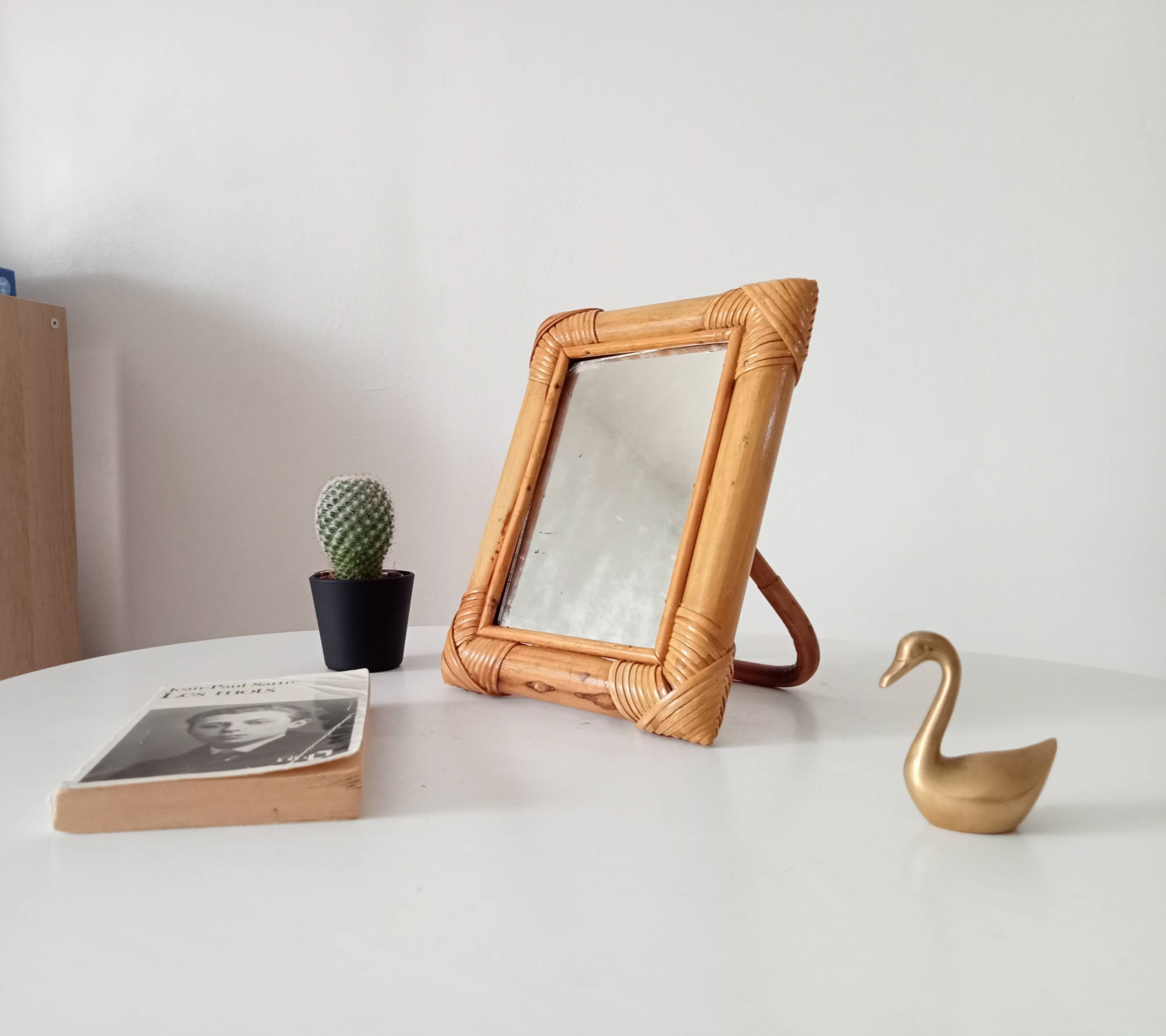 Vintage 1970s rattan tabletop mirror