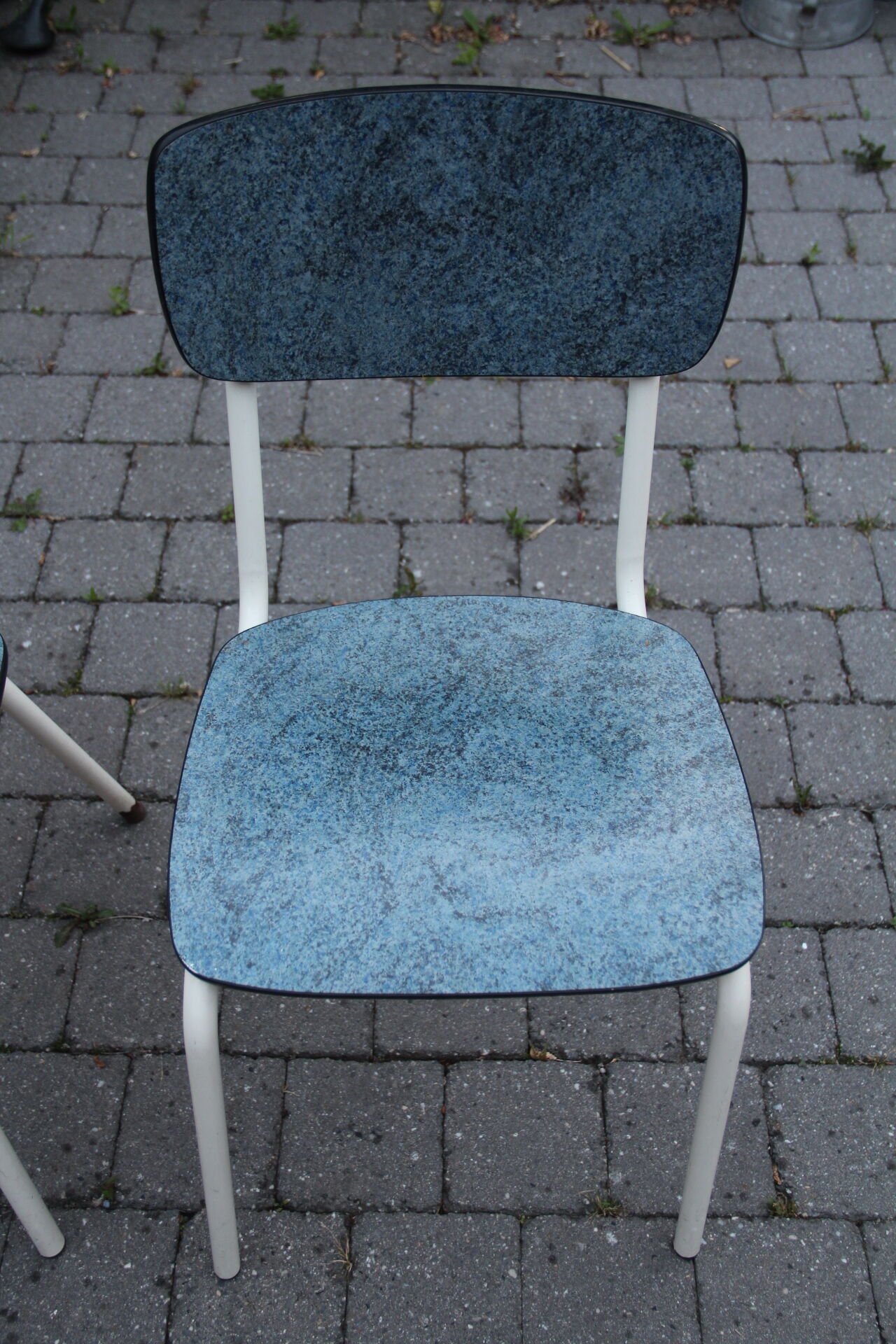 2 blue Formica cjaises, circa 1950