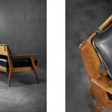 Vintage Mid-Century German Modern Oak & Black Leather Sofa, 1960s