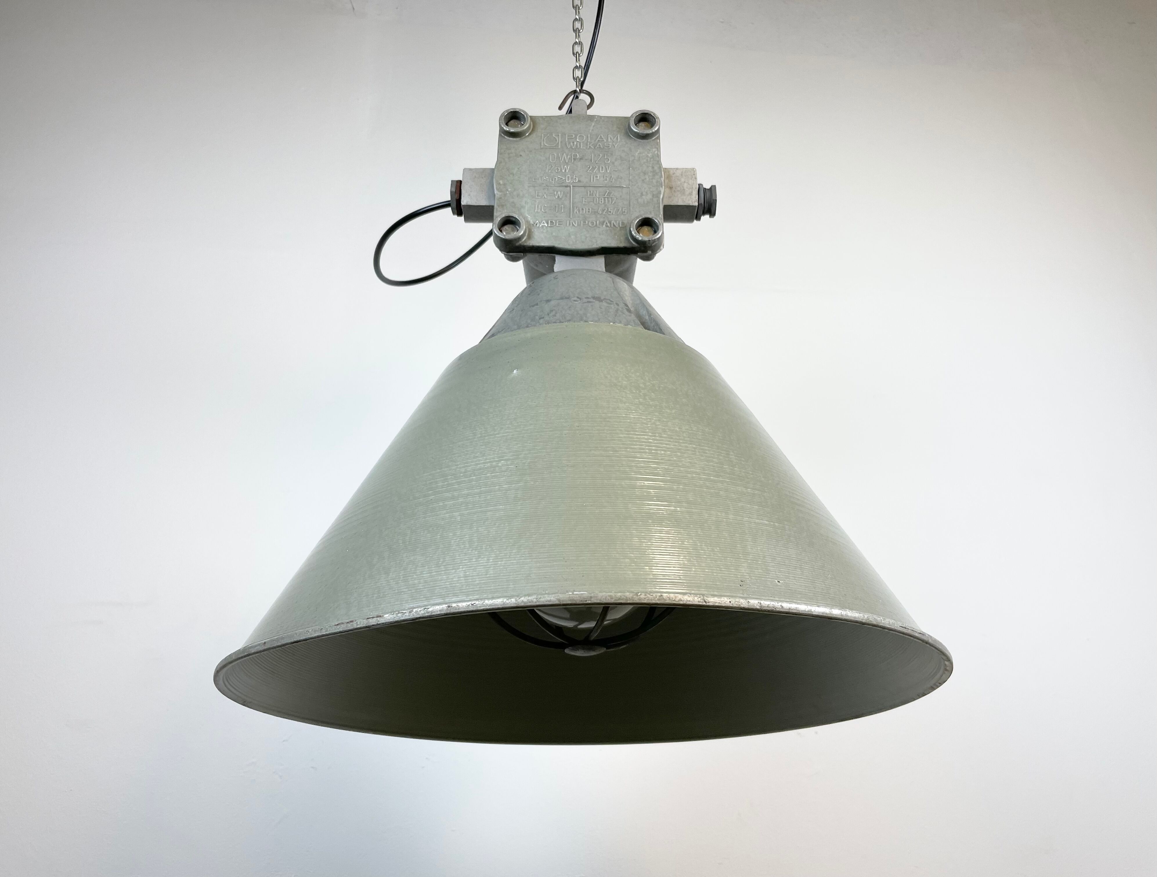 Industrial explosion proof lamp with aluminium shade from polam, 1970s