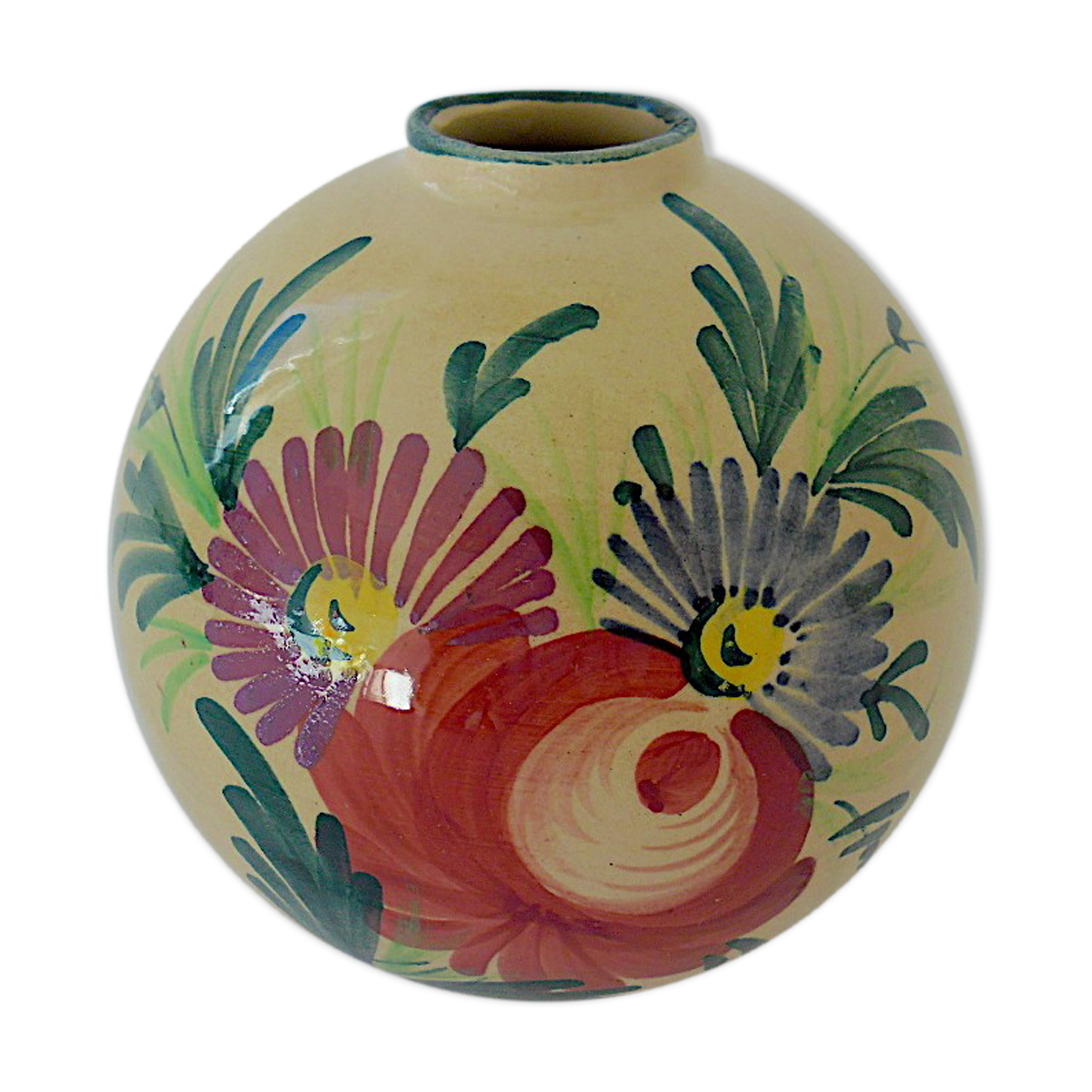 Vase "ball" decorated floral in polychrome earthenware glazed by Saint-Clement