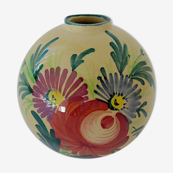 Vase "boule" à décor floral en faïence polychrome vernissée de Saint-Clément