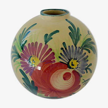 Vase "ball" decorated floral in polychrome earthenware glazed by Saint-Clement