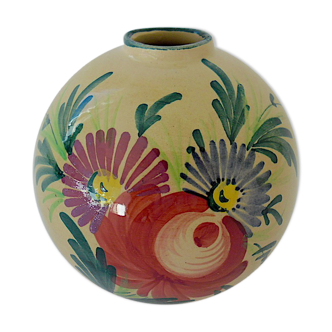 Vase "ball" decorated floral in polychrome earthenware glazed by Saint-Clement