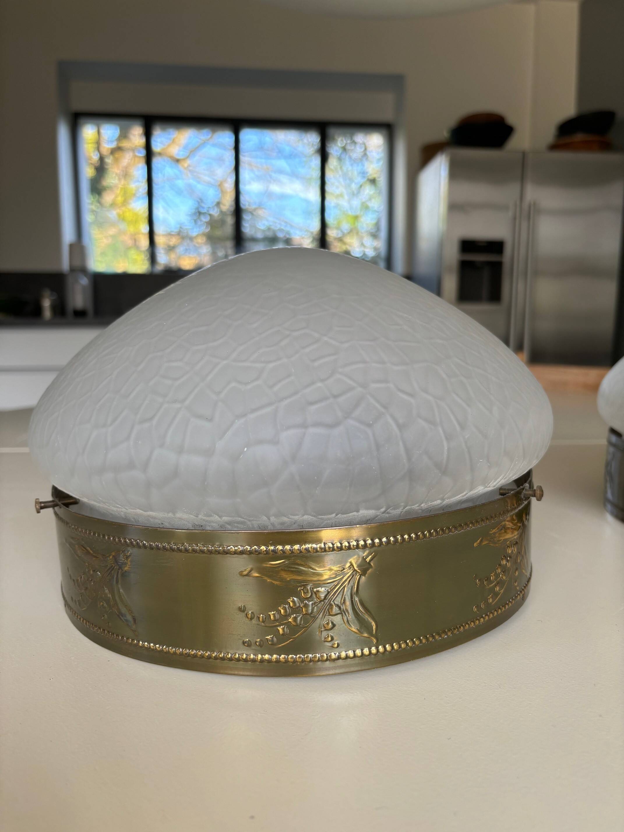 2 1930s ceiling lights in brass and frosted glass