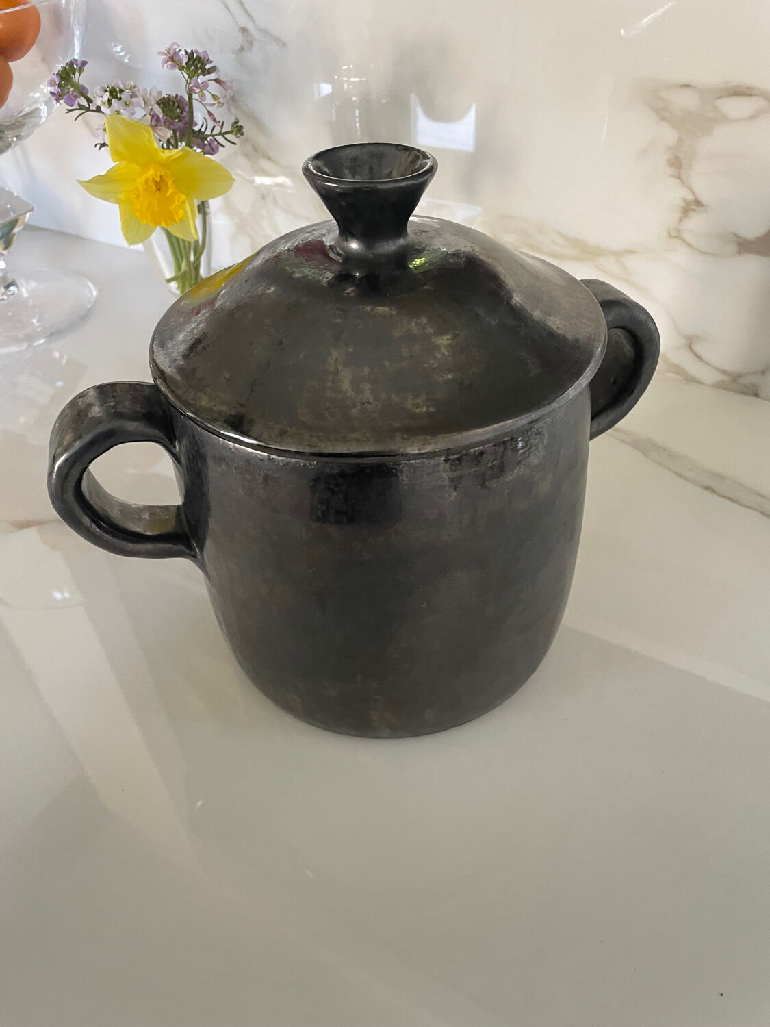 Black ceramic covered pot – Vallauris, 1950s