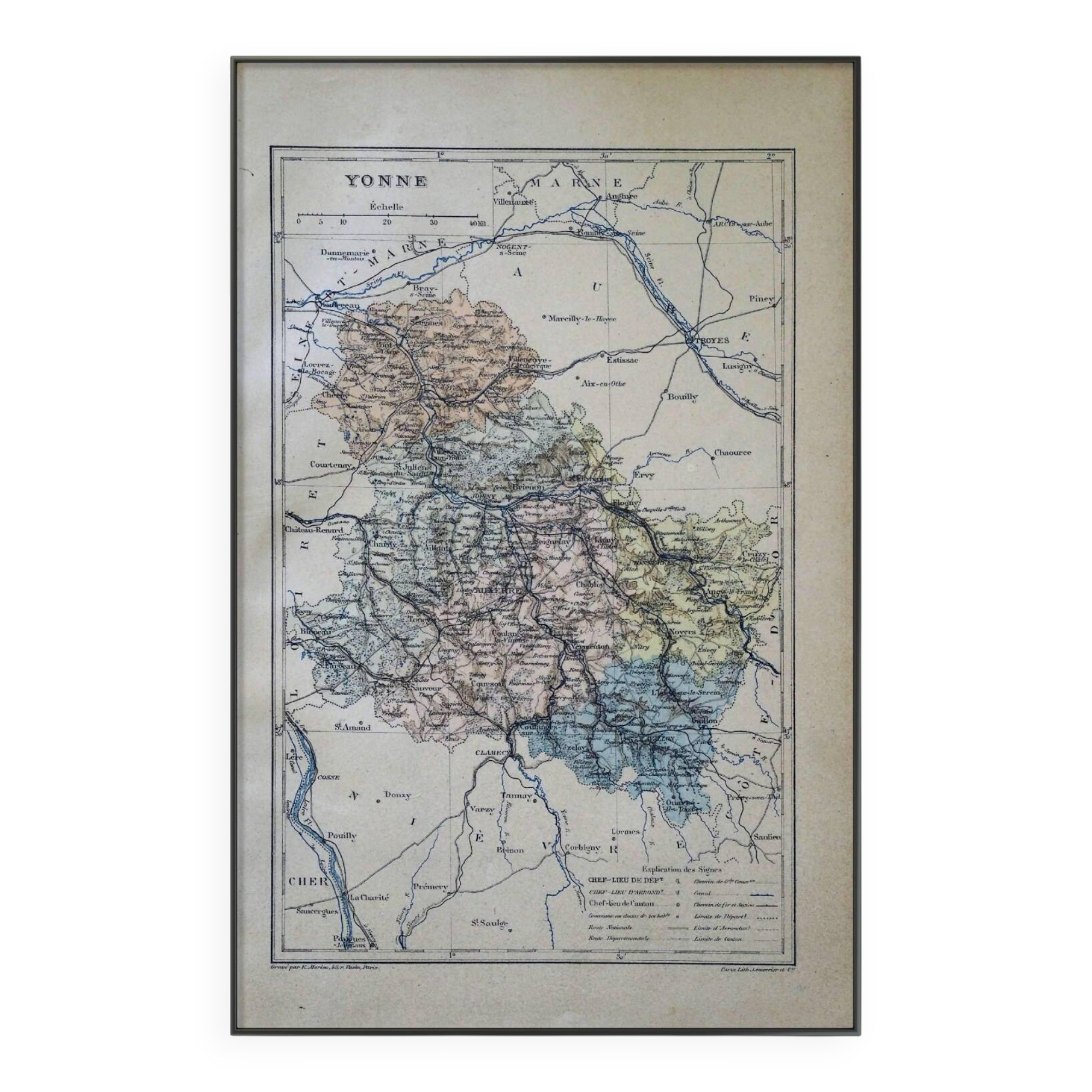 Map of the Yonne, printed in 1889. Authentic Vintage.