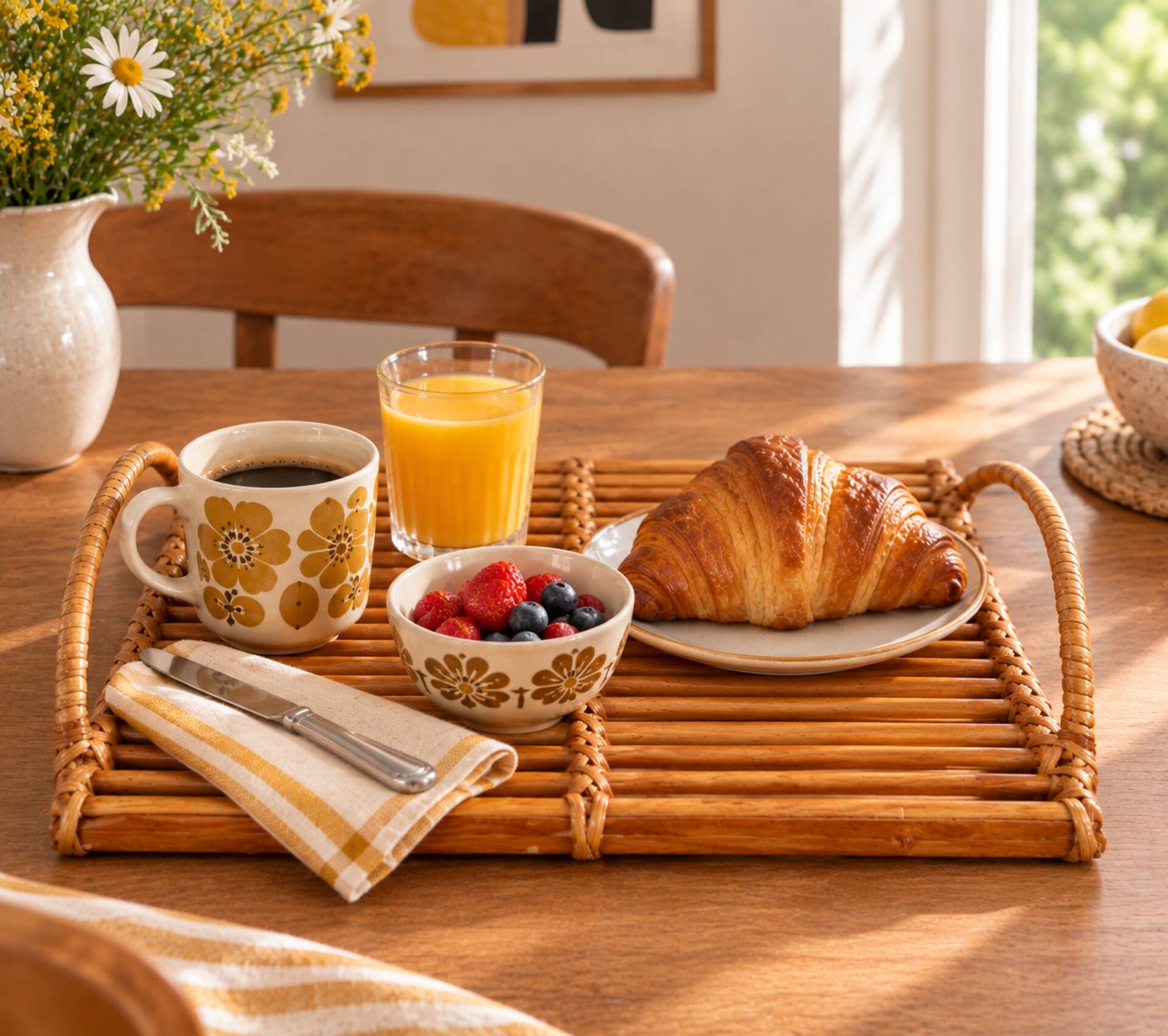 Plateau en rotin vintage