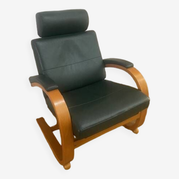 Fauteuil scandinave vintage inclinable en cuir bleu et bois clair par Nelo Sweden, 1970-1980