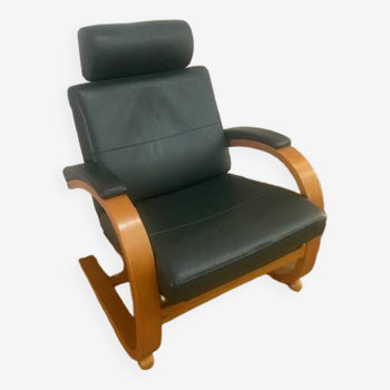 Scandinavian vintage reclining armchair in blue leather and light wood by Nelo Sweden, 1970-1980