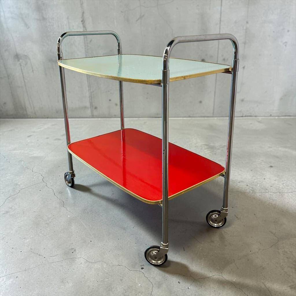 Vintage red mint and blue rolling table/bar cart/tea cart.