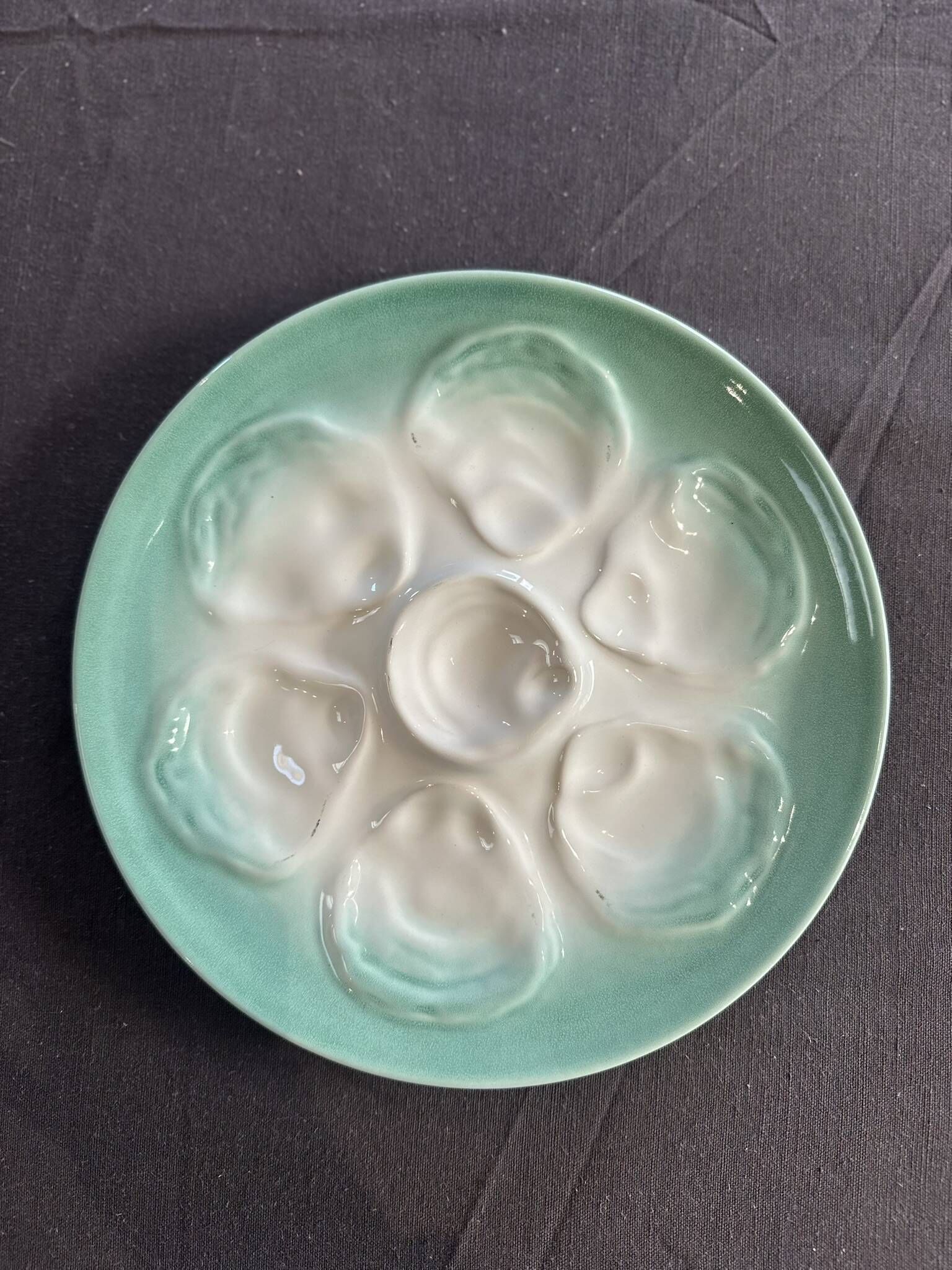 Niderviller sea-green earthenware oyster plates, set of 10 + dish
