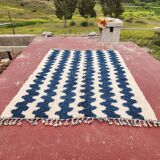 Large striped Berber rug 274x208 cm – Cream & blue wool – Graphic pattern