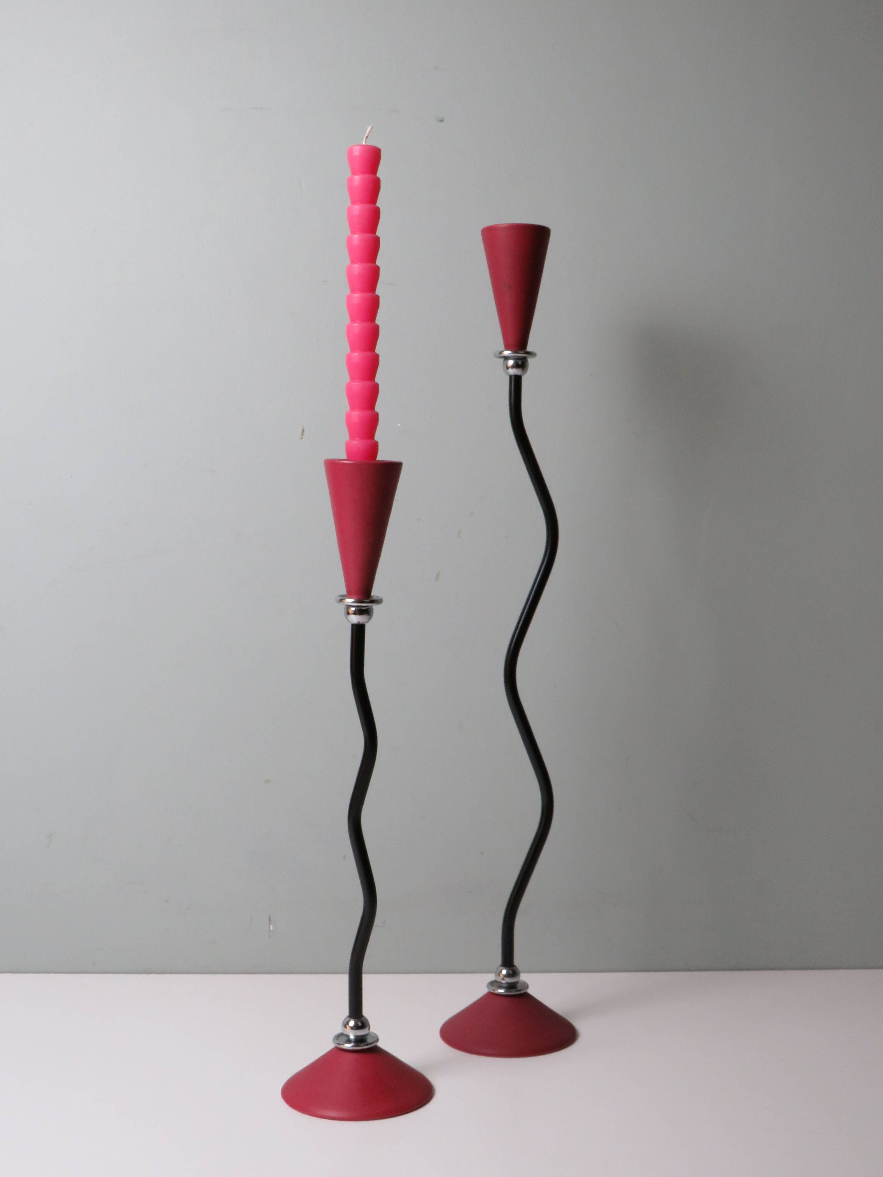 Pair of candlesticks, ceramic, metal and chrome, 1980s