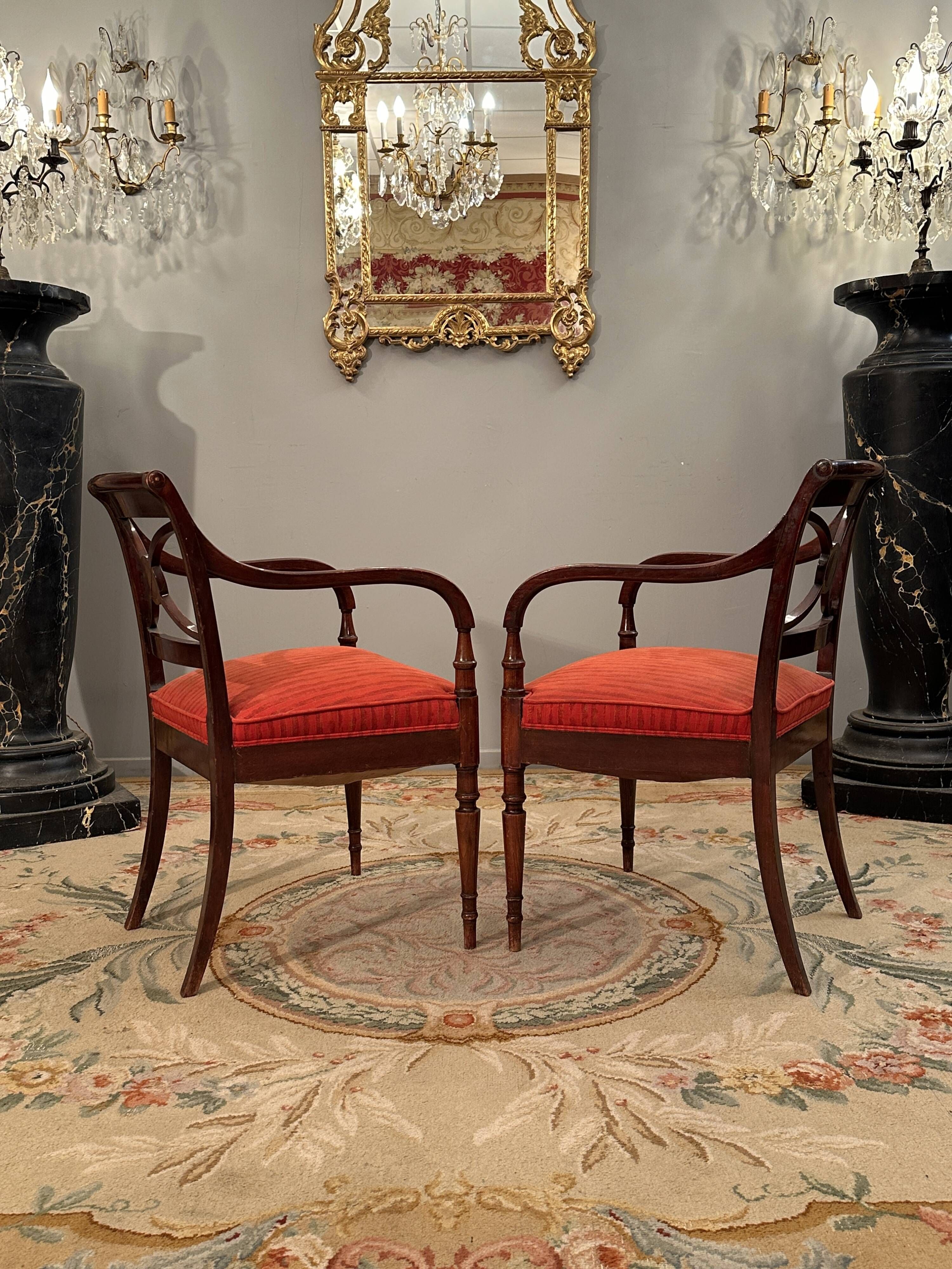 Maurice Hirch, Pair Of Stamped Mahogany Armchairs, 20th Century