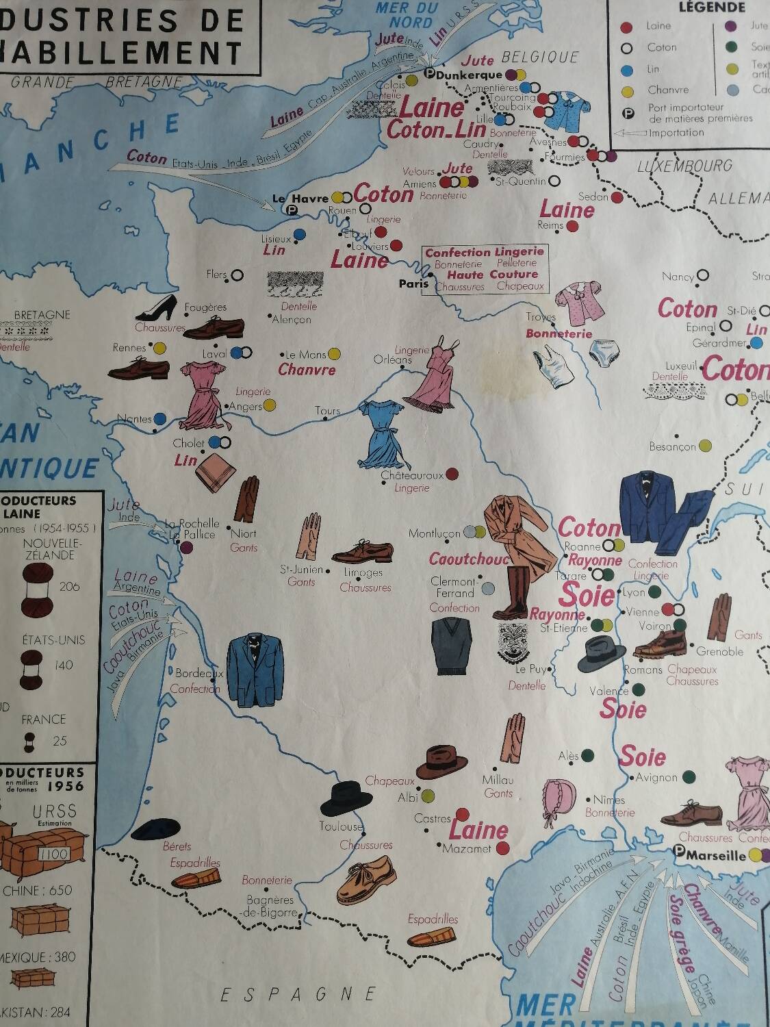 Vintage school map of France "Commerce and Clothing"