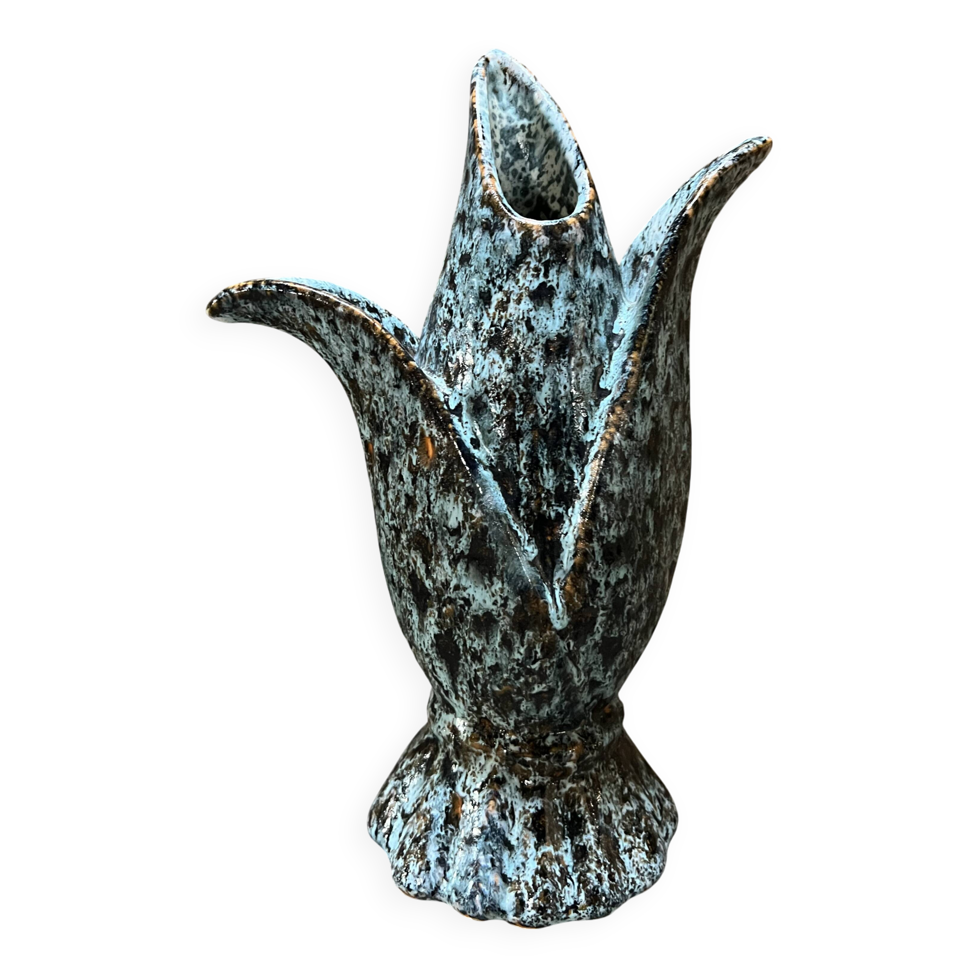Vintage blue-green glazed ceramic tulip vase, stylized floral shape