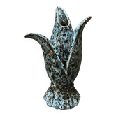 Vase tulipe vintage en céramique émaillée bleu-vert, forme florale stylisée