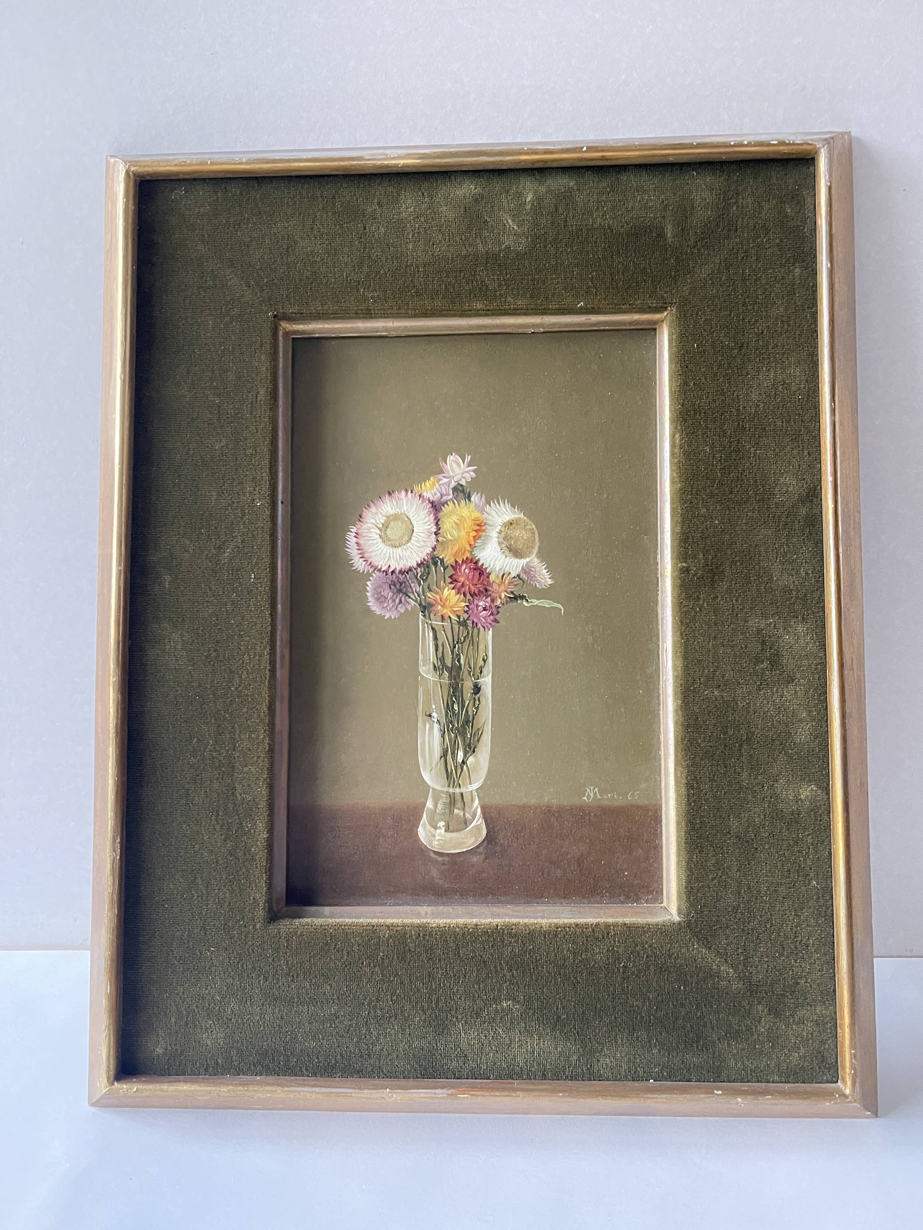 Still life oil on panel vase with immortelles