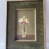 Still life oil on panel vase with immortelles