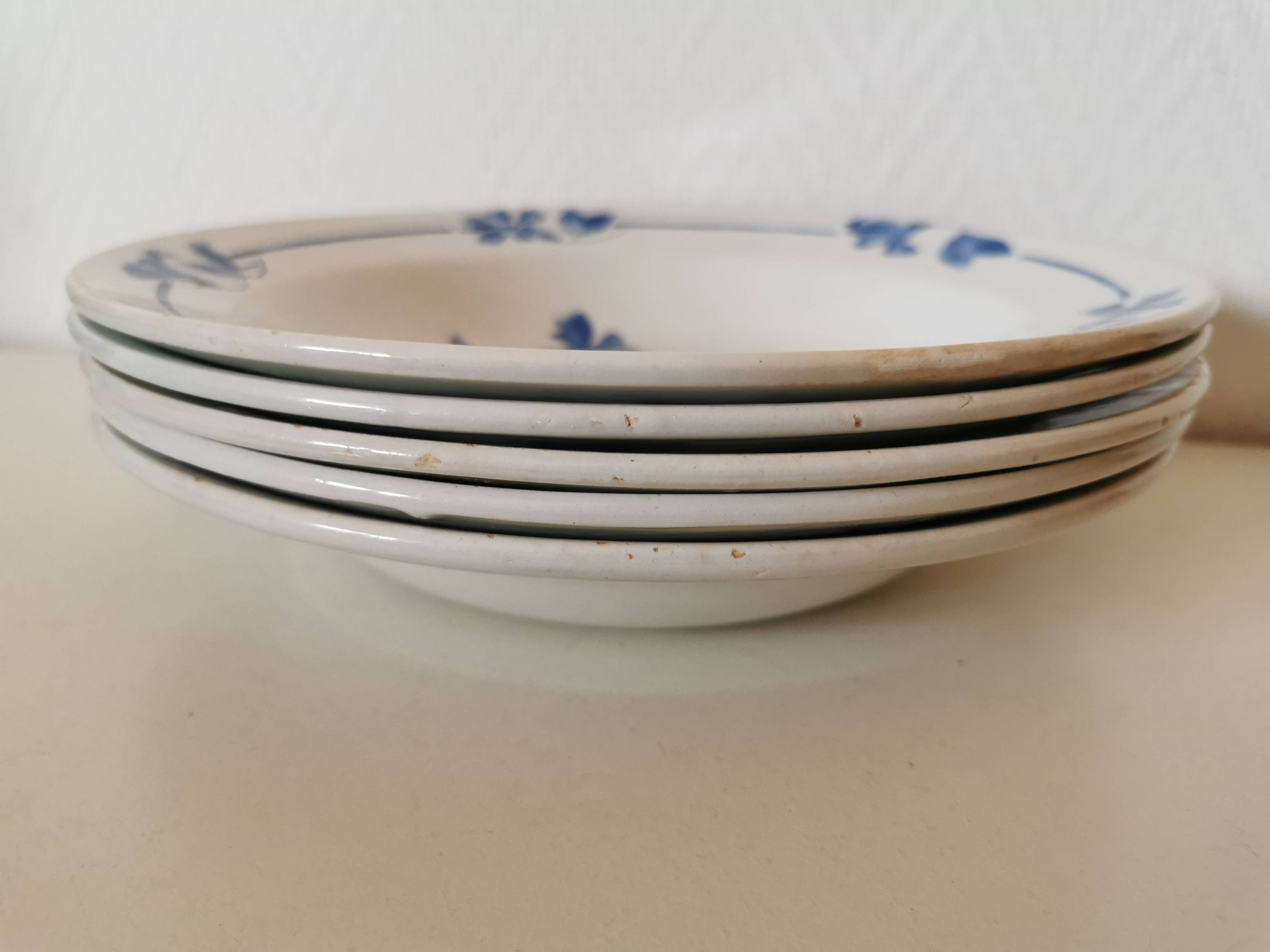 set of 5 Creil et Montereau soup plates, blue flower pattern