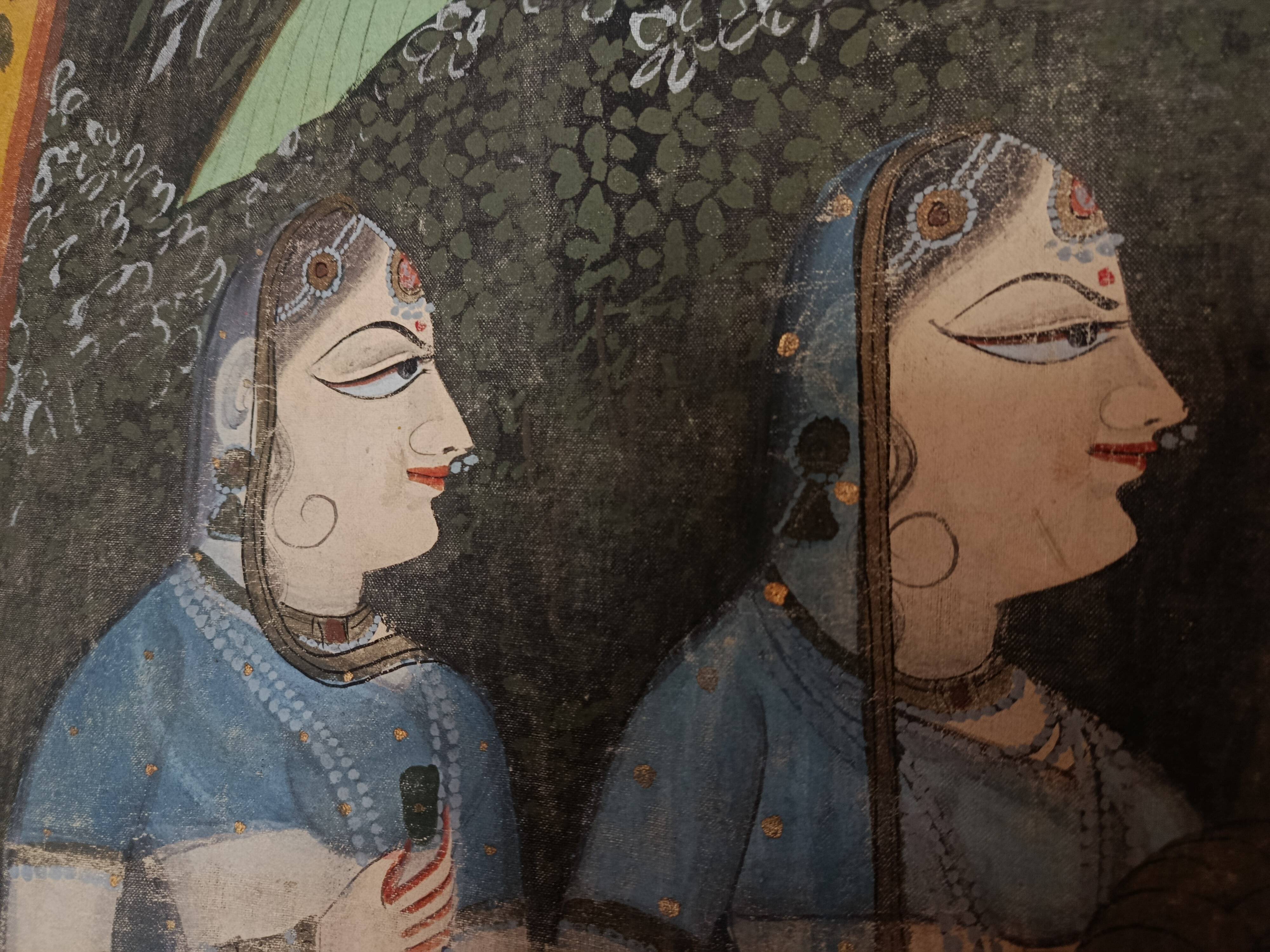 INDIA PICHWAI painting on silk KRISHNA RADHA GOPIS, Kanera Rajasthan mid 20th century