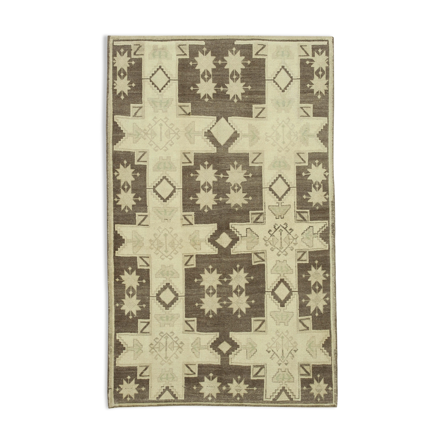 1970s handwoven wool anatolian beige carpet 138 cm x 224 cm