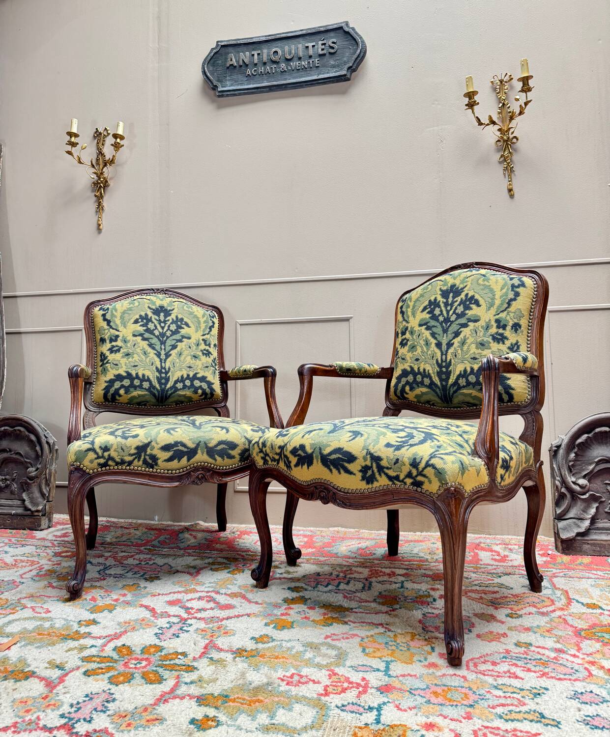 Pair of Louis XV Style Walnut Armchairs, 19th Century