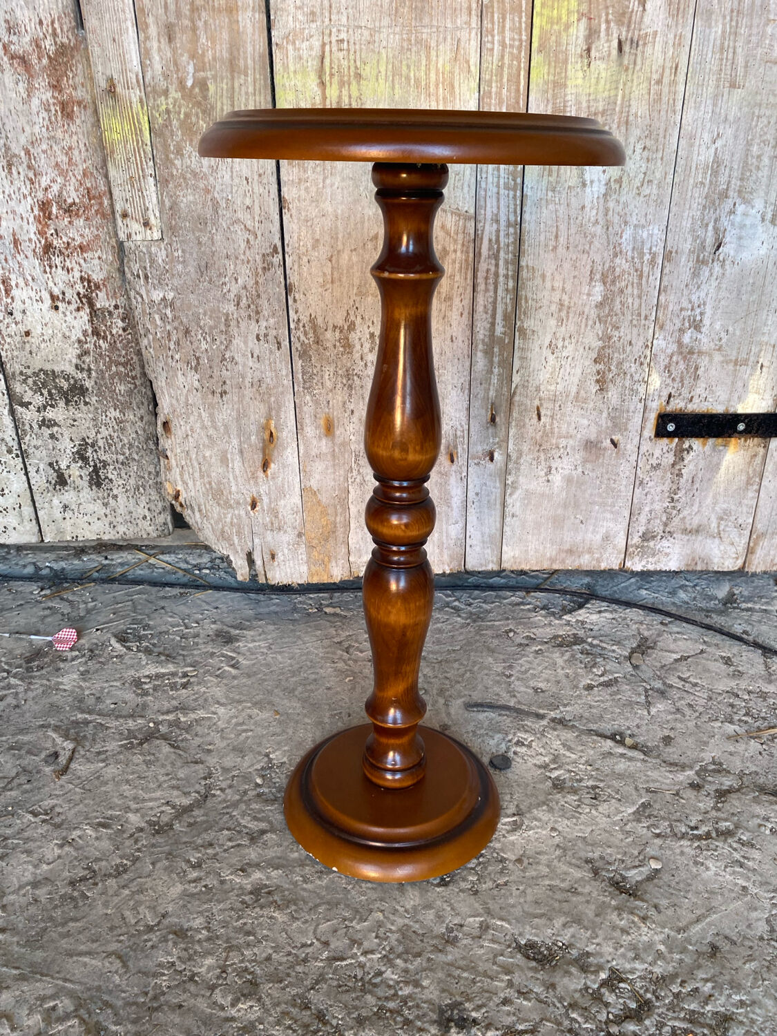 Antique Turned Wood Side Table + Stone Base Vintage Plant Stand