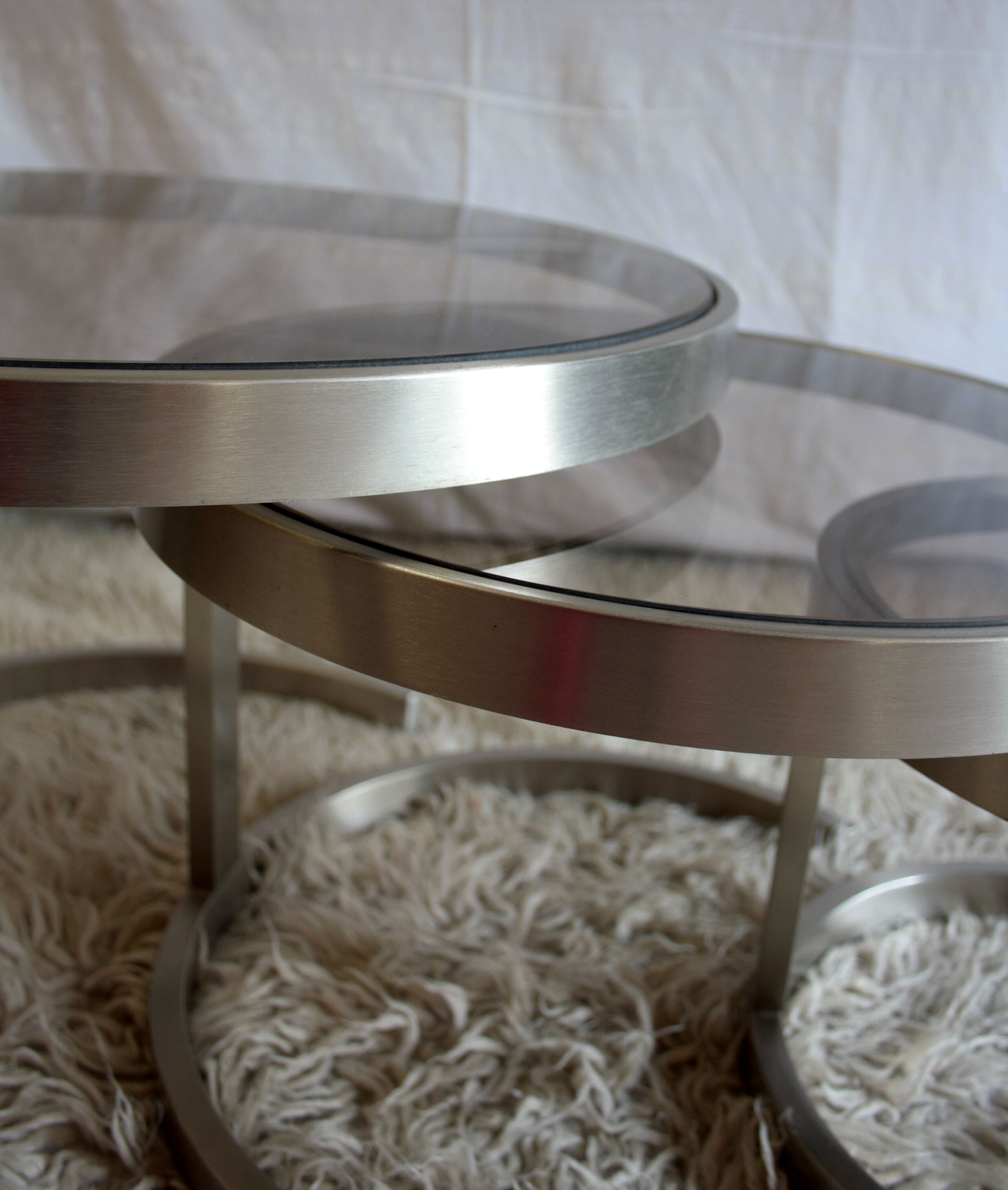Pull-out tables (x 3) steel and glass smoked - 70s