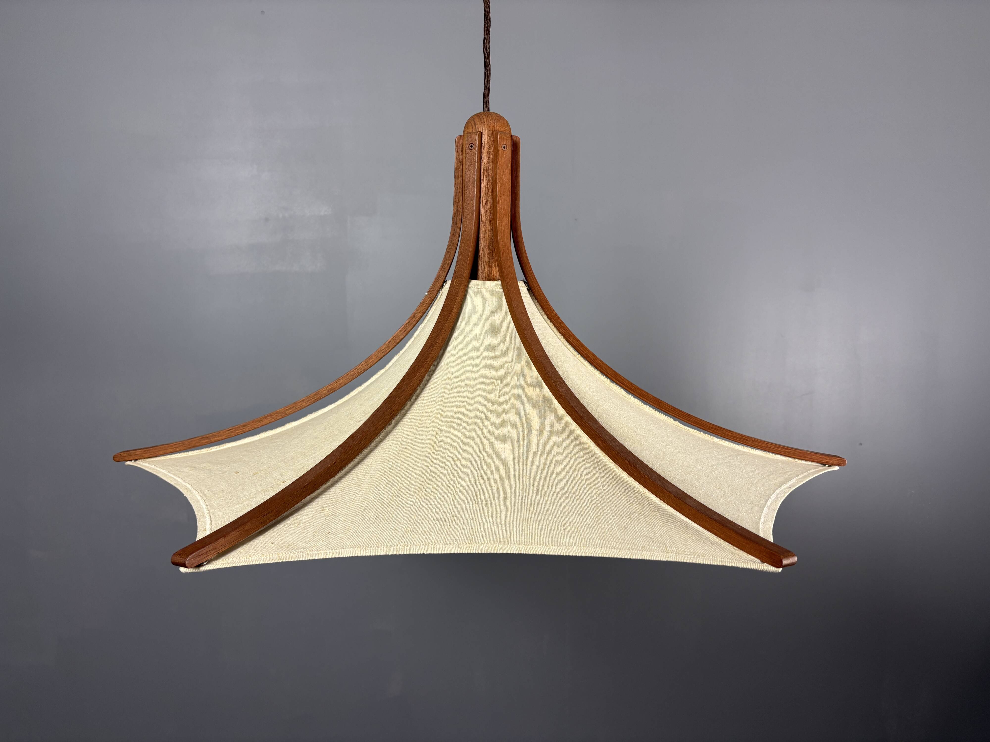 Teak And Linen Umbrella Counter Balance Pendant By Domus, 1970s