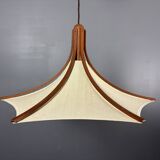 Teak And Linen Umbrella Counter Balance Pendant By Domus, 1970s