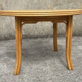 Ensemble table et chaises Exodia, bois et rotin, années 80