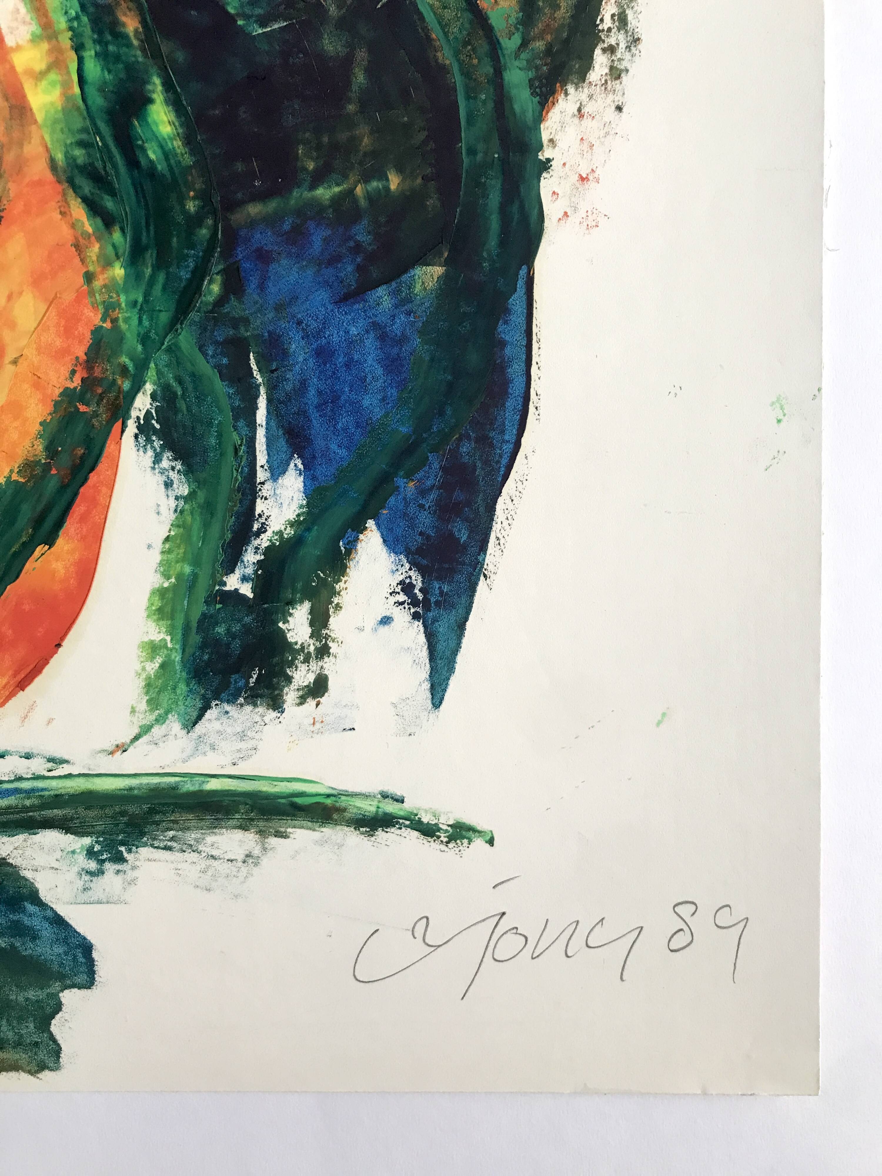 Composition abstraite orange et verte, gouache sur papier, 1989