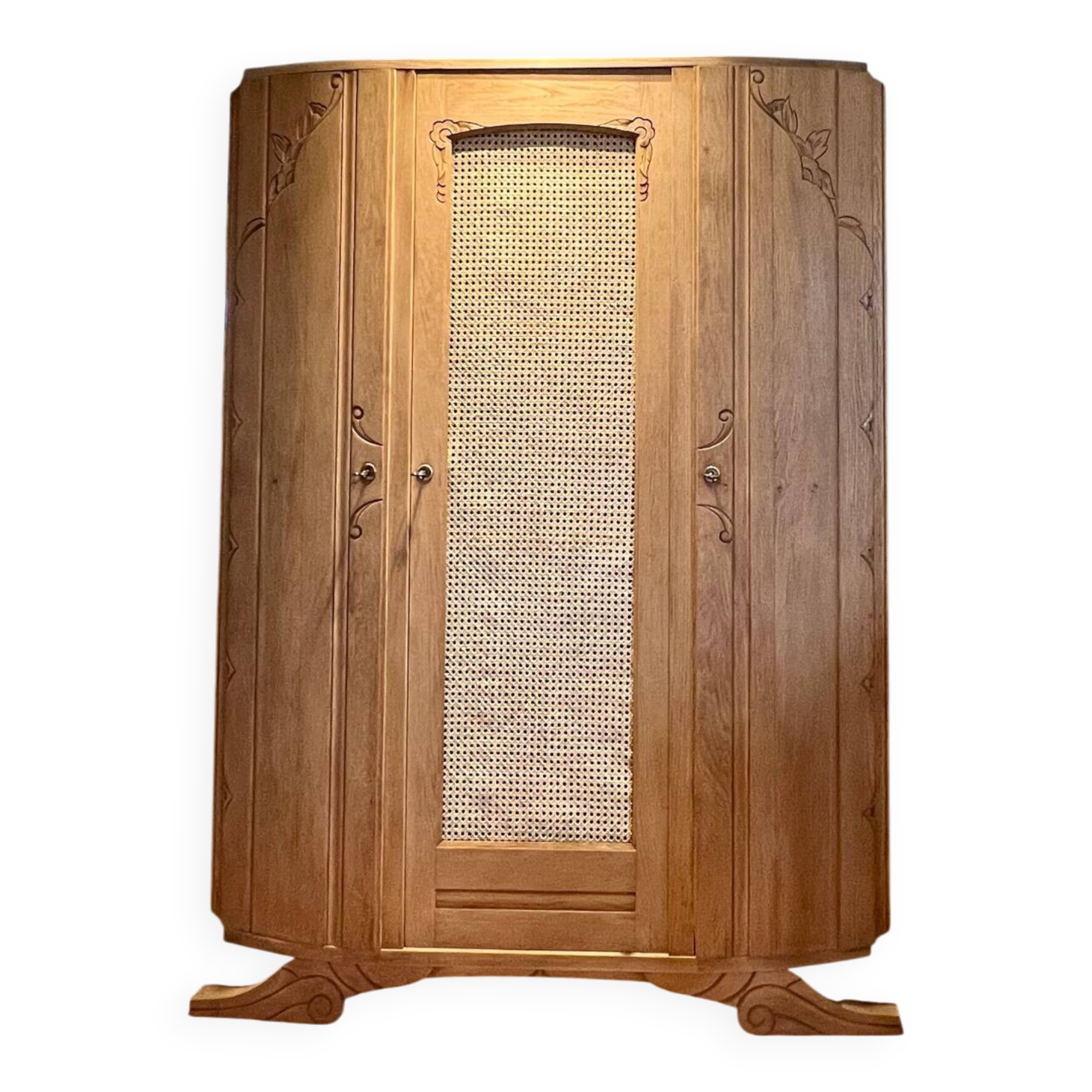 Antique solid oak wardrobe with caning.