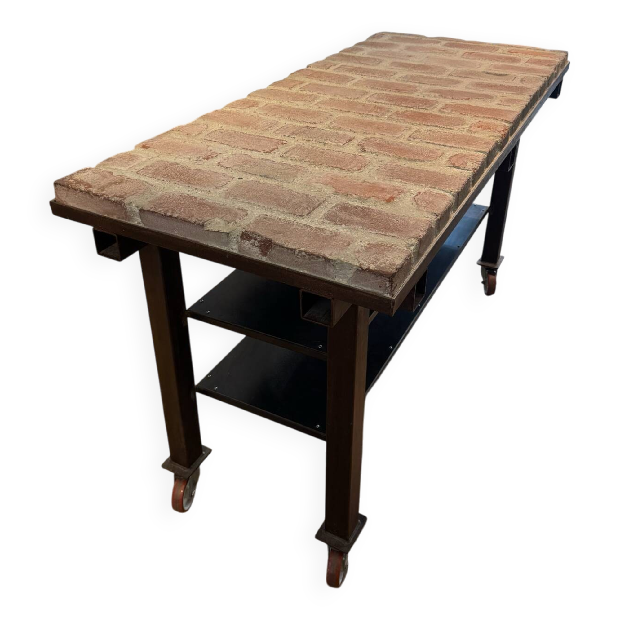 Industrial style creator table in bricks and metal on wheels.