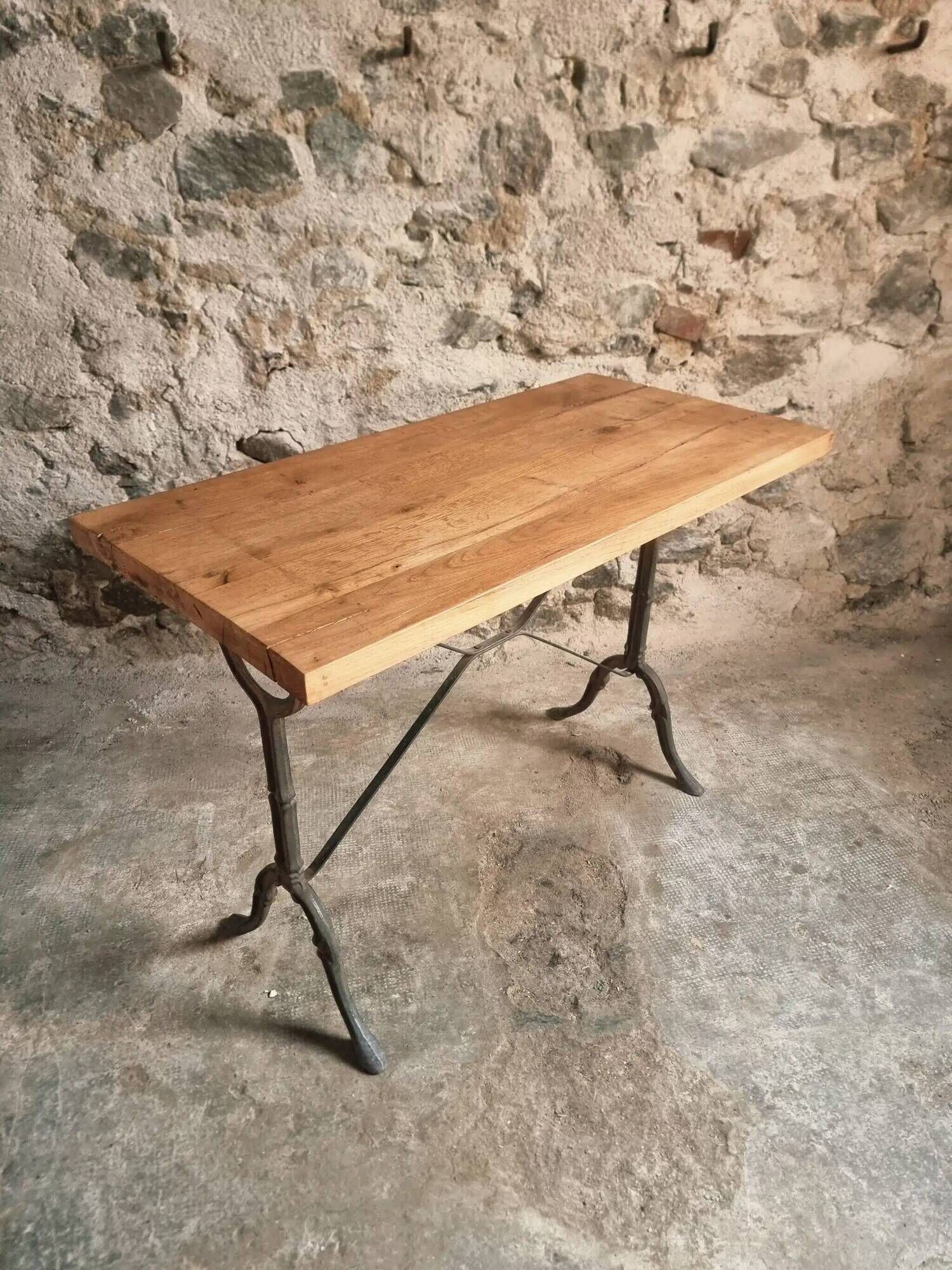 Vintage French Bistro Table | 1960s/70s Oak Top & Cast Iron Base | Retro Coffee & Wine Table