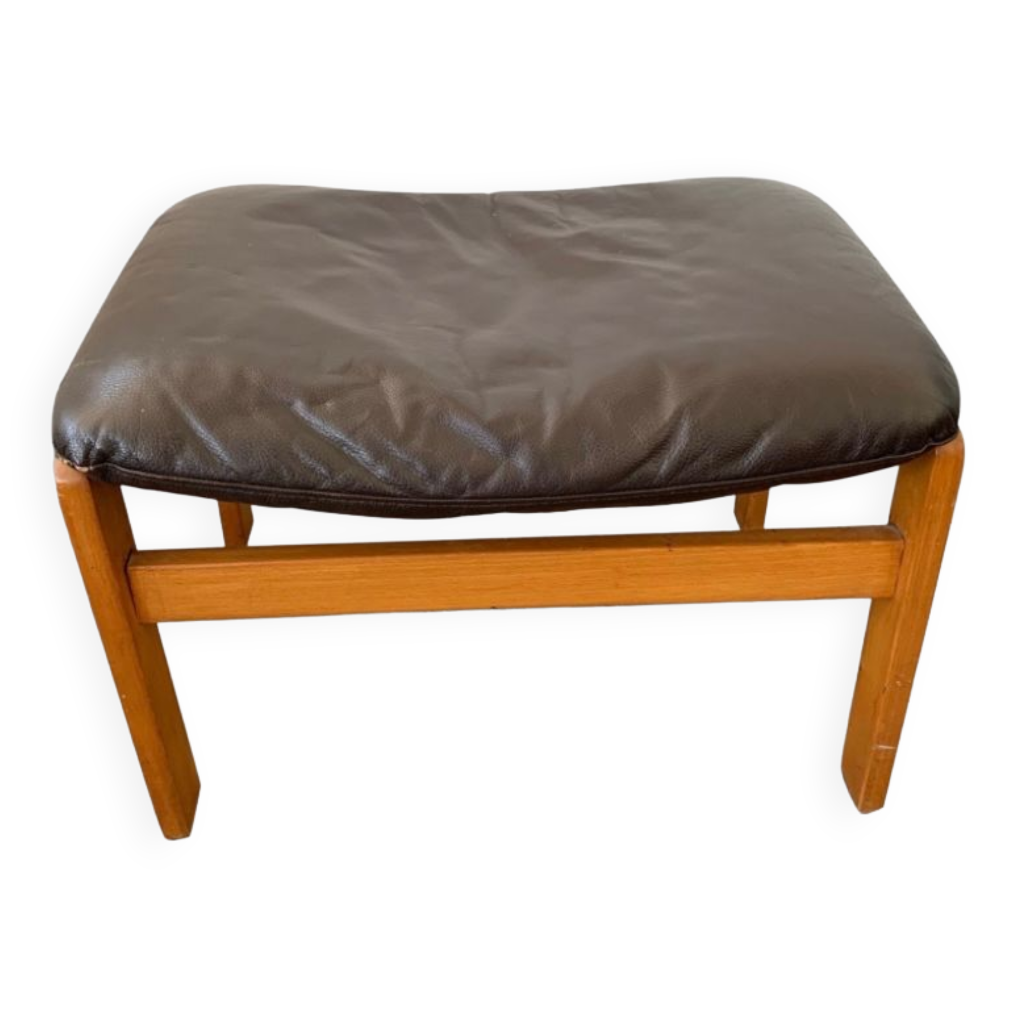 Scandinavian leather and wood ottoman