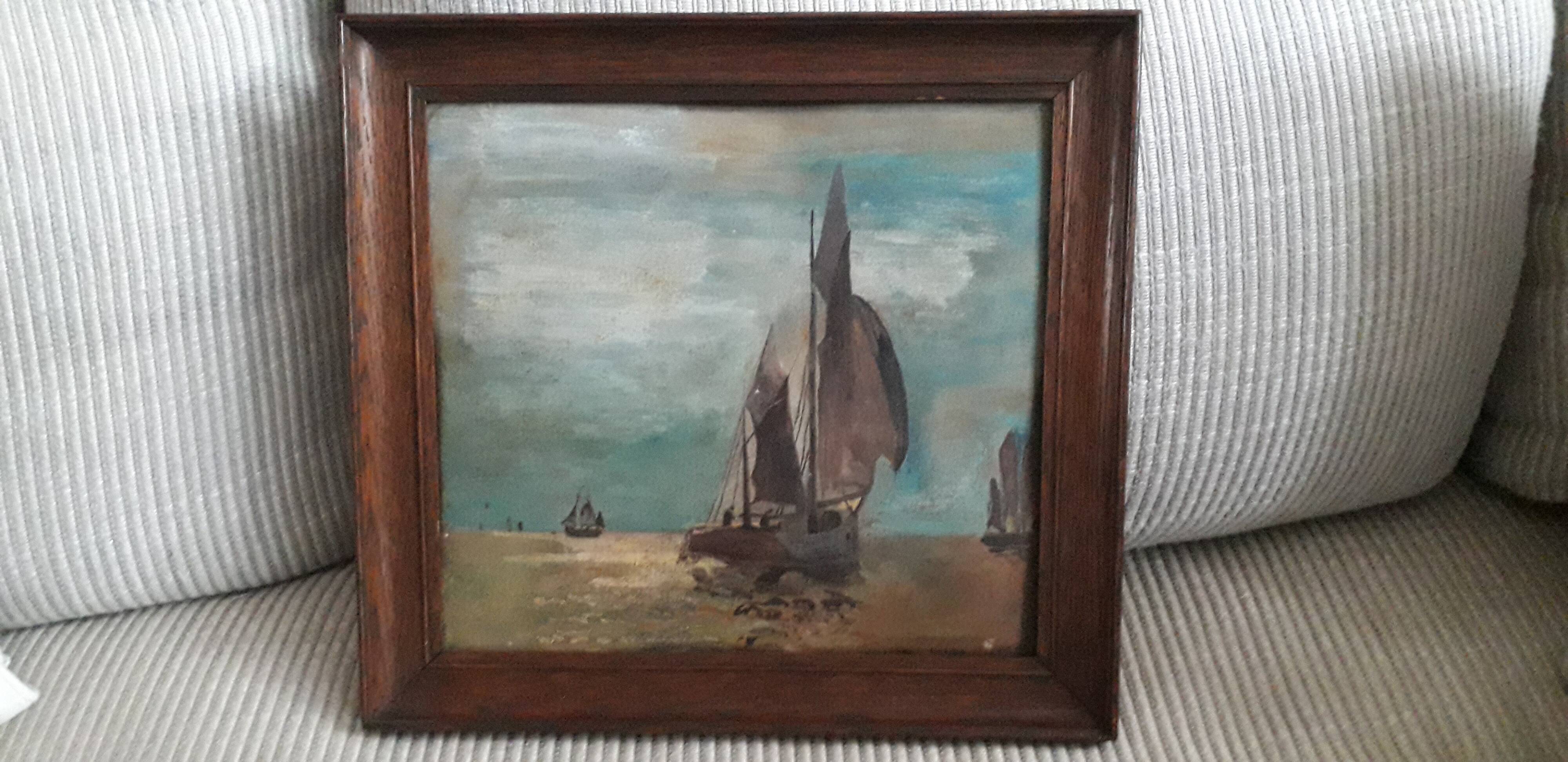 Old oil painting depicting a marine scene