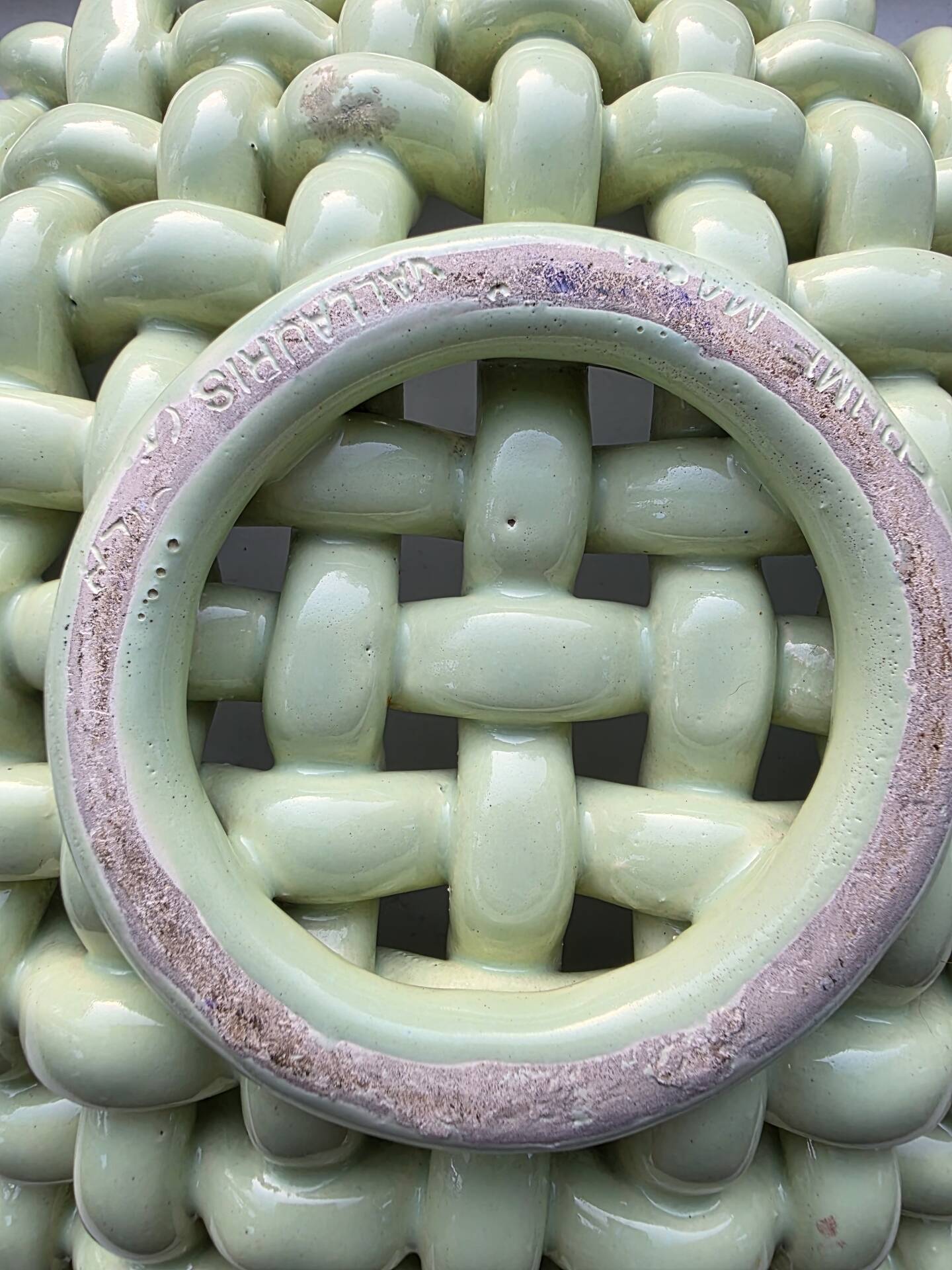 Light green woven ceramic basket Jérome Massier Vallauris