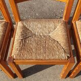 Set vintage pine dining table with 4 rush seat chairs Dutch design
