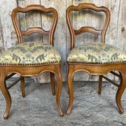 Pair of Antique Louis Philippe Chairs Wood + Fabric Seat 19th Century Vintage