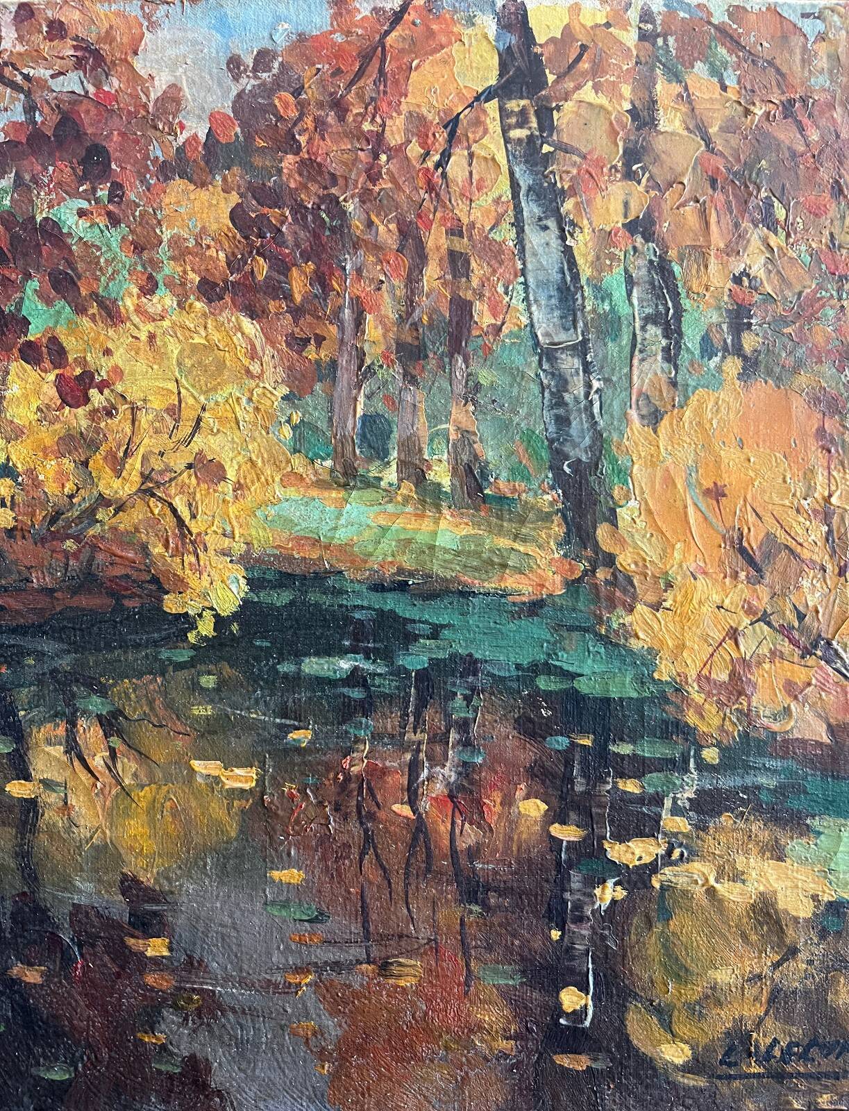 Tableau HST "Autumn Reflection" Post-Impressionist landscape signed