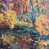 Tableau HST "Autumn Reflection" Post-Impressionist landscape signed